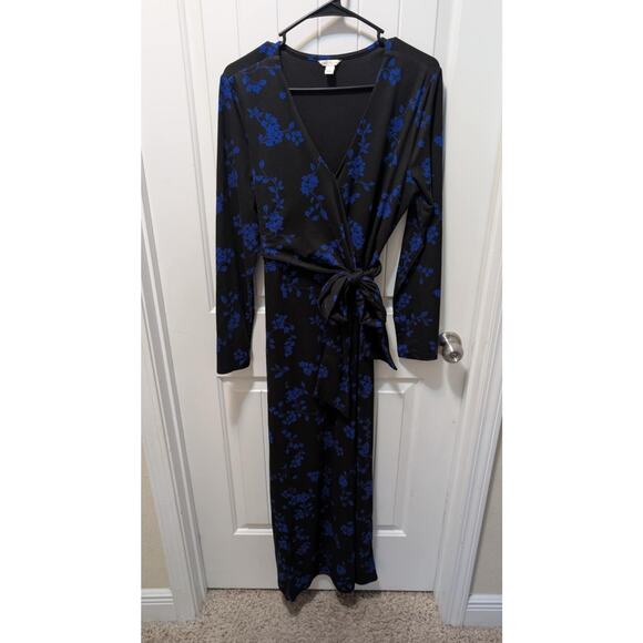 Cato Women's L Black V-Neck Blue Floral Tie-Waist Wrap Maxi Dress - Picture 1 of 8